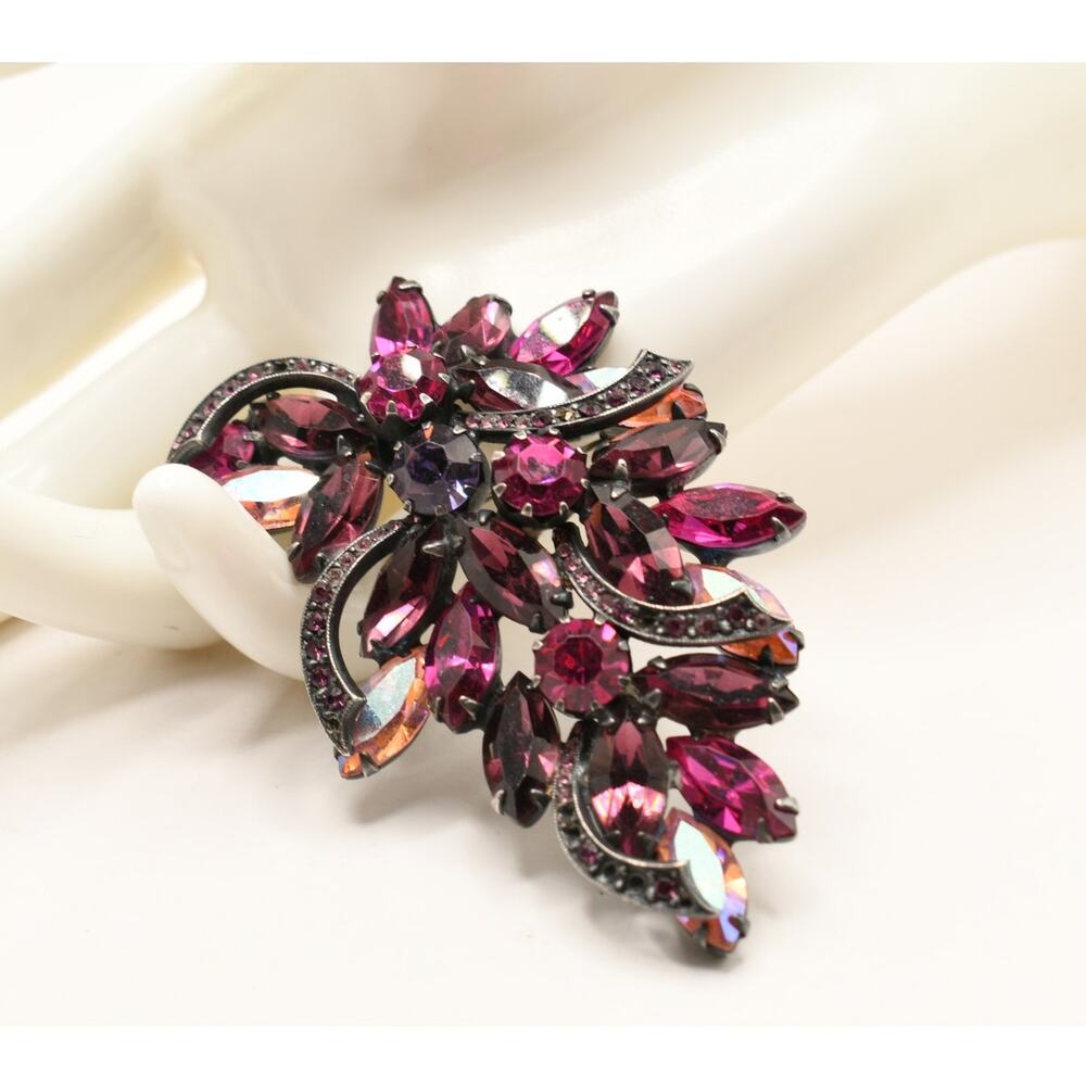 Vintage Fuchsia Pink Rhinestone Brooch Japanned AB Marquise Floral Spray